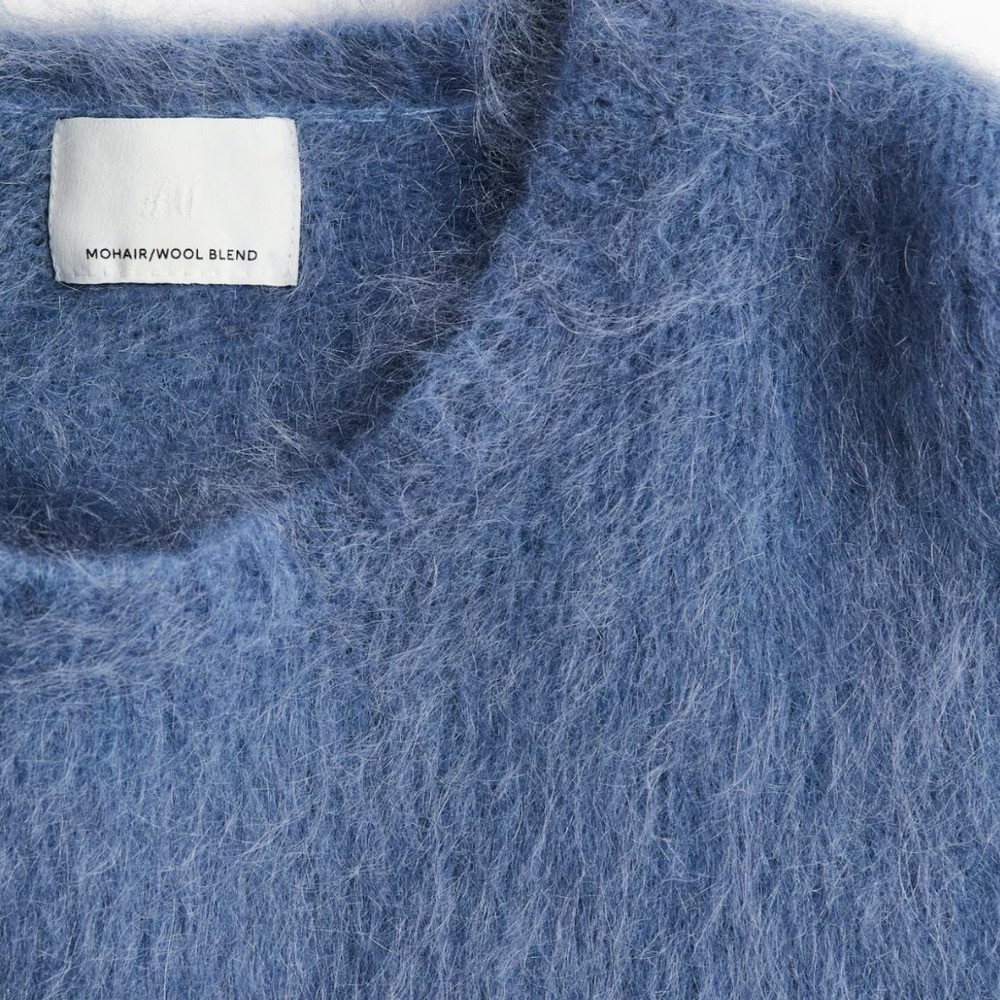 H&M Mohair Wool Blend Sweater Blue Fuzzy Knit Crewneck Large NWT